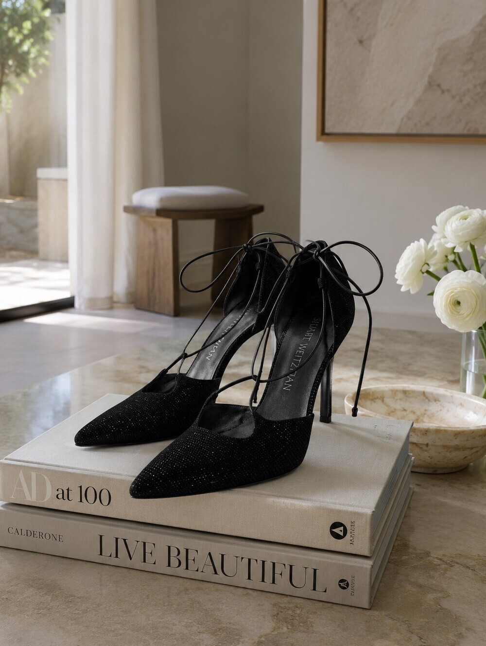 Stuart Weitzman Pryrite Crystal Lace-Up Stiletto Heels Black Size 5